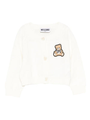 Moschino Kids white cardigan for baby girls with Teddy Bear applique