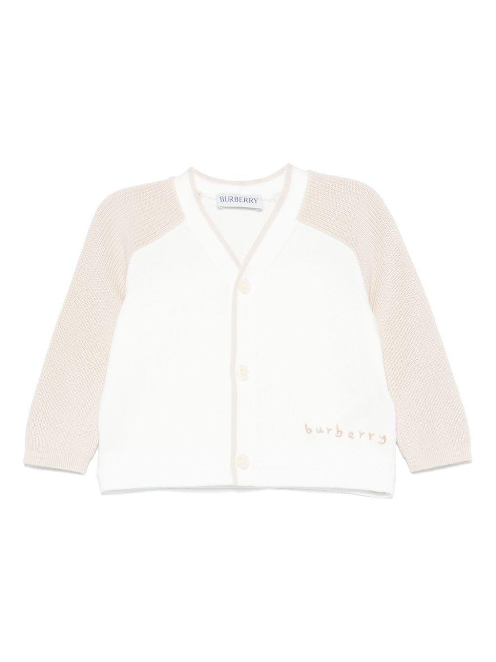 Cardigan per neonato Burberry Kids Ginny Moss bianco con maniche lunghe a contrasto - Rubino Kids