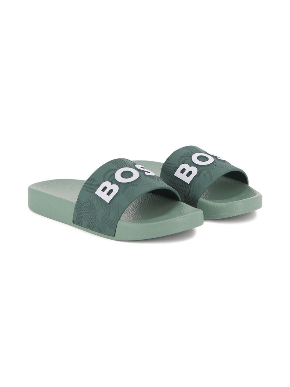 Ciabatte da bambino Boss Kids verde con logo - Rubino Kids