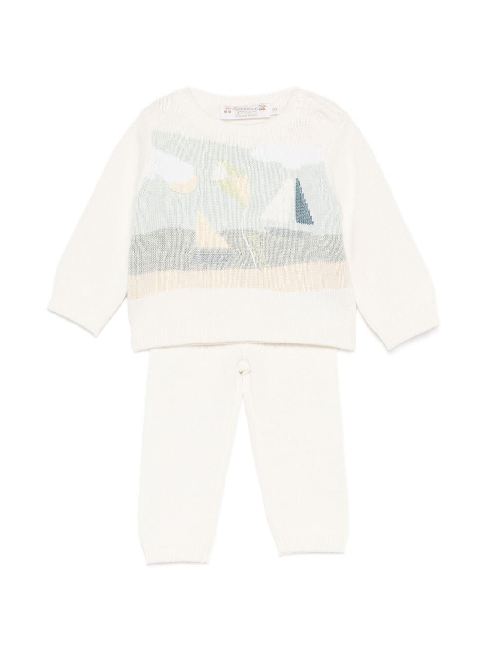 Completo due pezzi maglioncino e pantaloni per neonato Bonpoint beige con disegno ricamato - Rubino Kids