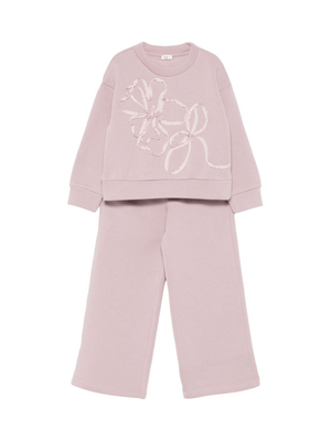 Pink Il Gufo sports outfit for girls with embroidered flowers