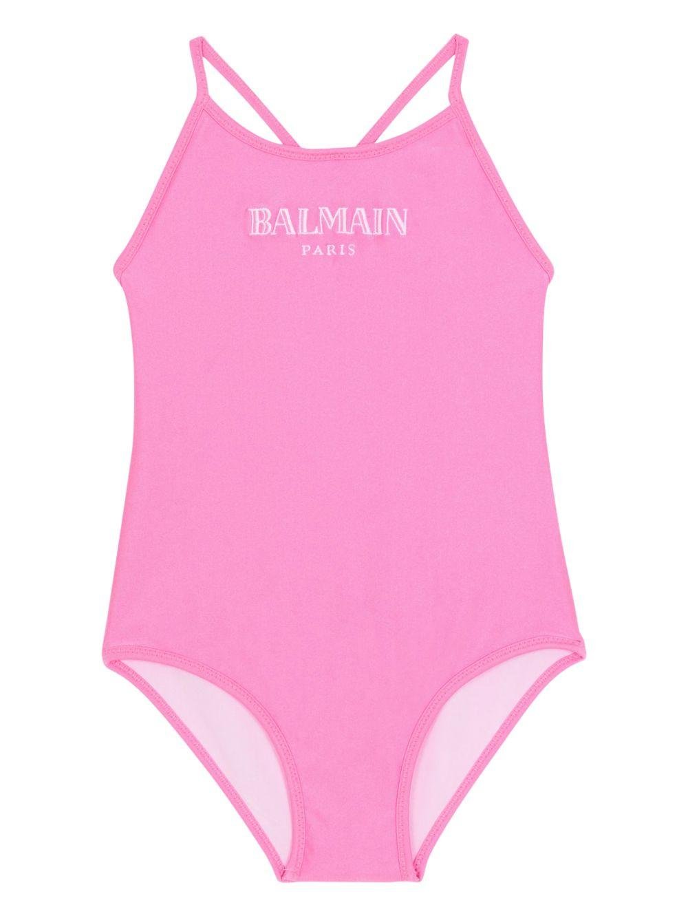 Costume da bagno per bambina Balmain Kids rosa con stampa logo - Rubino Kids