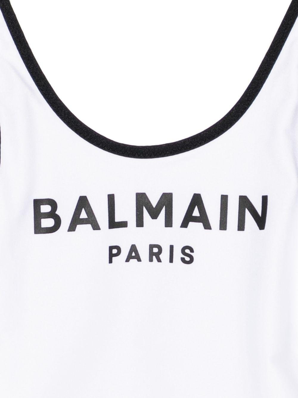 Costume per bambina Balmain Kids bianco con stampa logo sul davanti - Rubino Kids