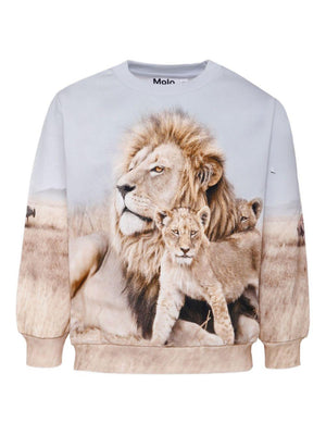 Miksi Molo blue sweatshirt for boys with lion print and ribbed hem and cuffs