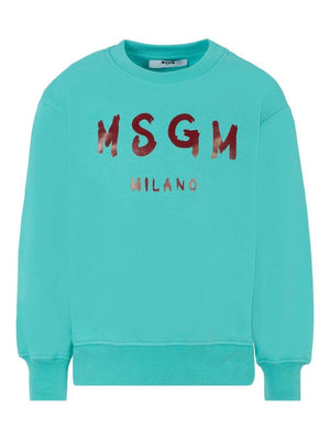 MSGM Kids light blue sweatshirt for boys with logo on the front
