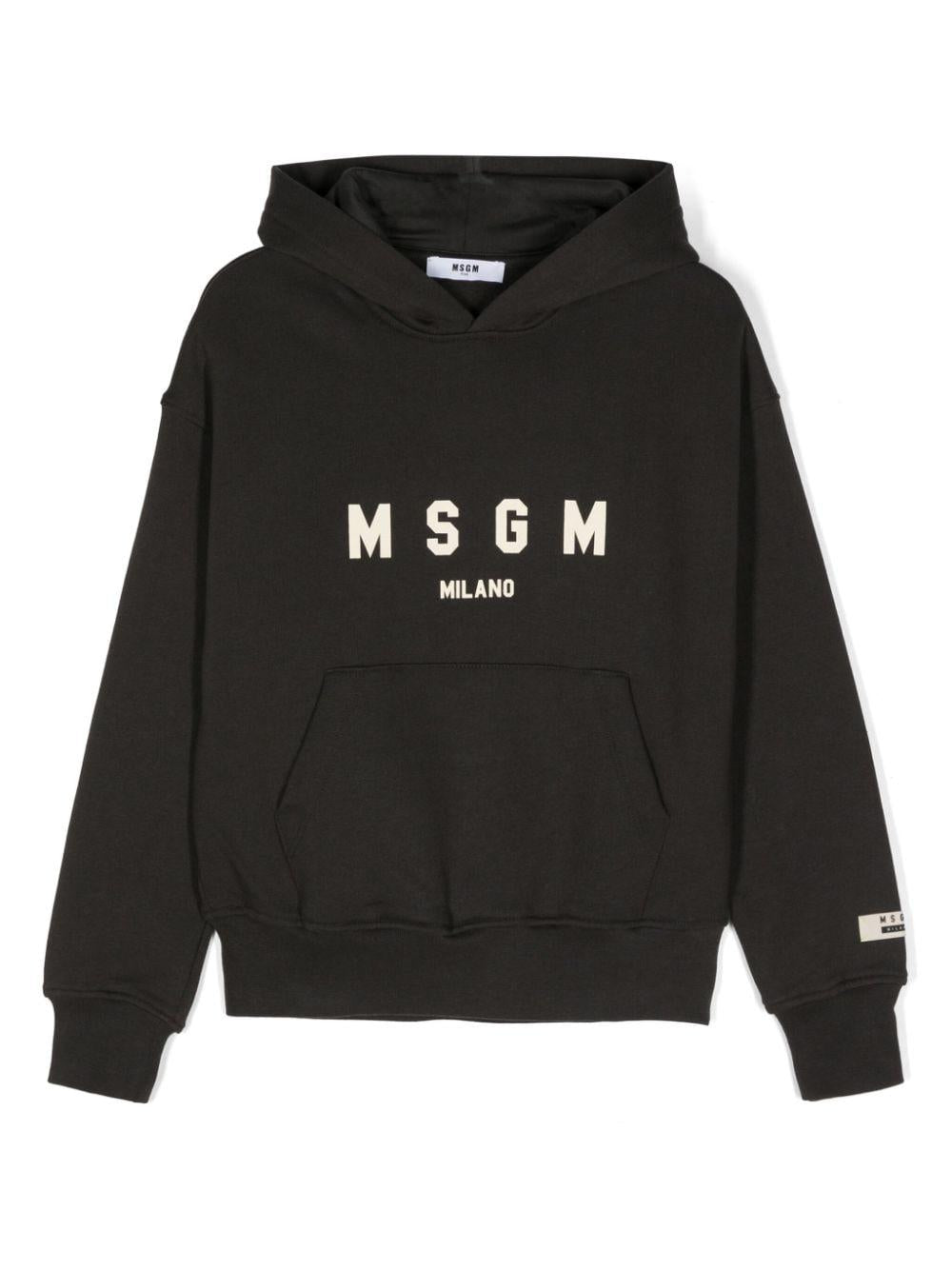 Felpa per bambino MSGM Kids nero con cappuccio e applicazione logo sulla manica - Rubino Kids