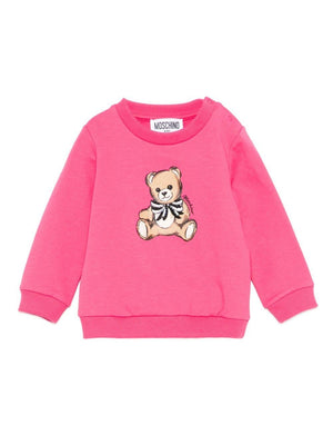 Moschino Kids fuchsia baby girl sweatshirt with Teddy Bear logo and bow