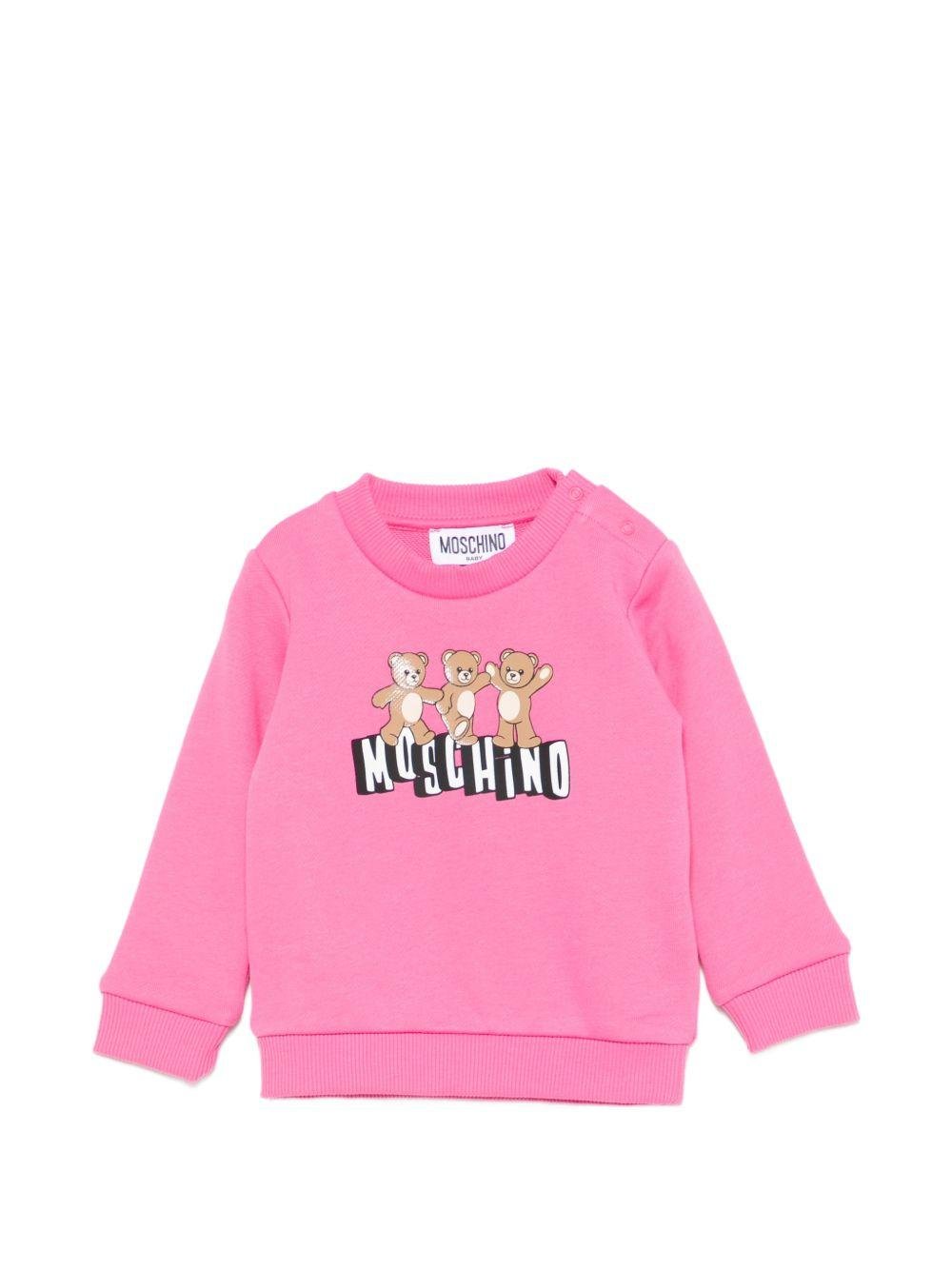 Felpa per neonata Moschino Kids rosa con stampa tre Teddy Bear - Rubino Kids