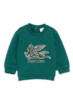 Felpa per neonati Etro Kids verde con ricamo Pegaso e chiusura con bottoni