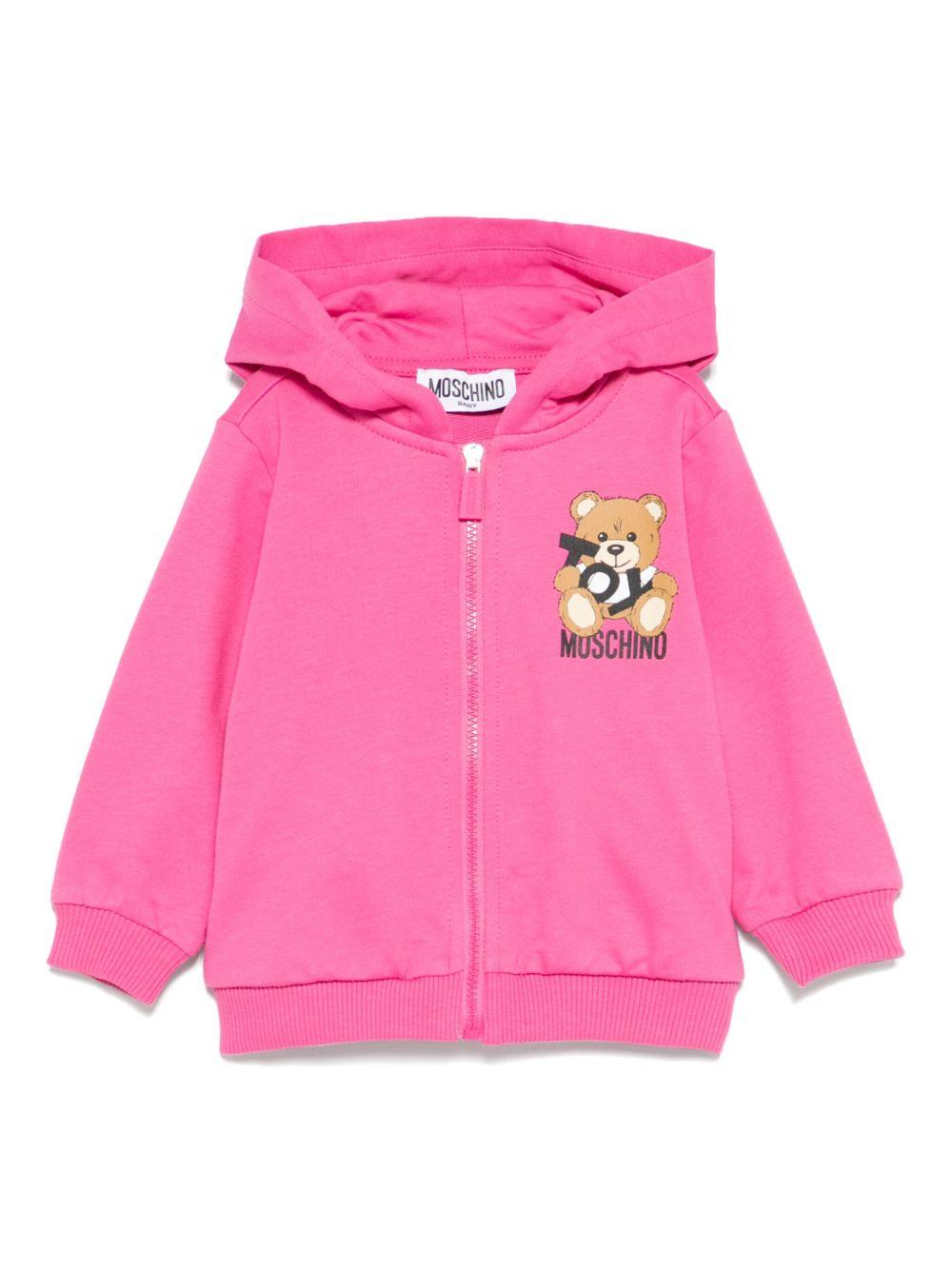 Felpa Teddy Bear con cappuccio per neonata Moschino Kids fucsia con due tasche laterali - Rubino Kids