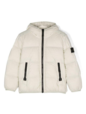 Giacca imbottita con distintivo della bussola per bambino Stone Island Junior beige con cappuccio classico