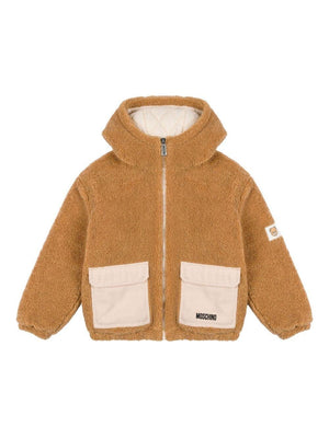 Moschino Kids brown faux fur hooded jacket for boys