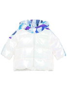 Giubbino per neonata Emilio Pucci Junior bianco con cappuccio con stampa geometrica azzurra - Rubino Kids