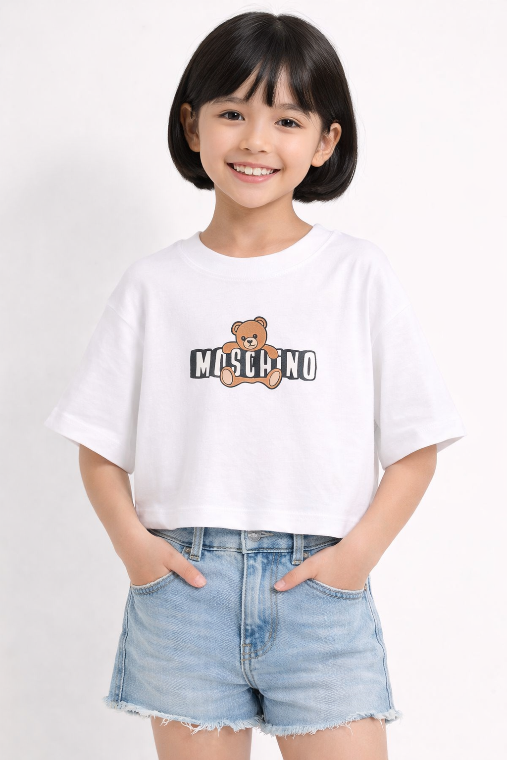 T-shirt per bambina Moschino Kids bianca con stampa Teddy Bear HDM072LBA00 10101 MOSCHINO KIDS 