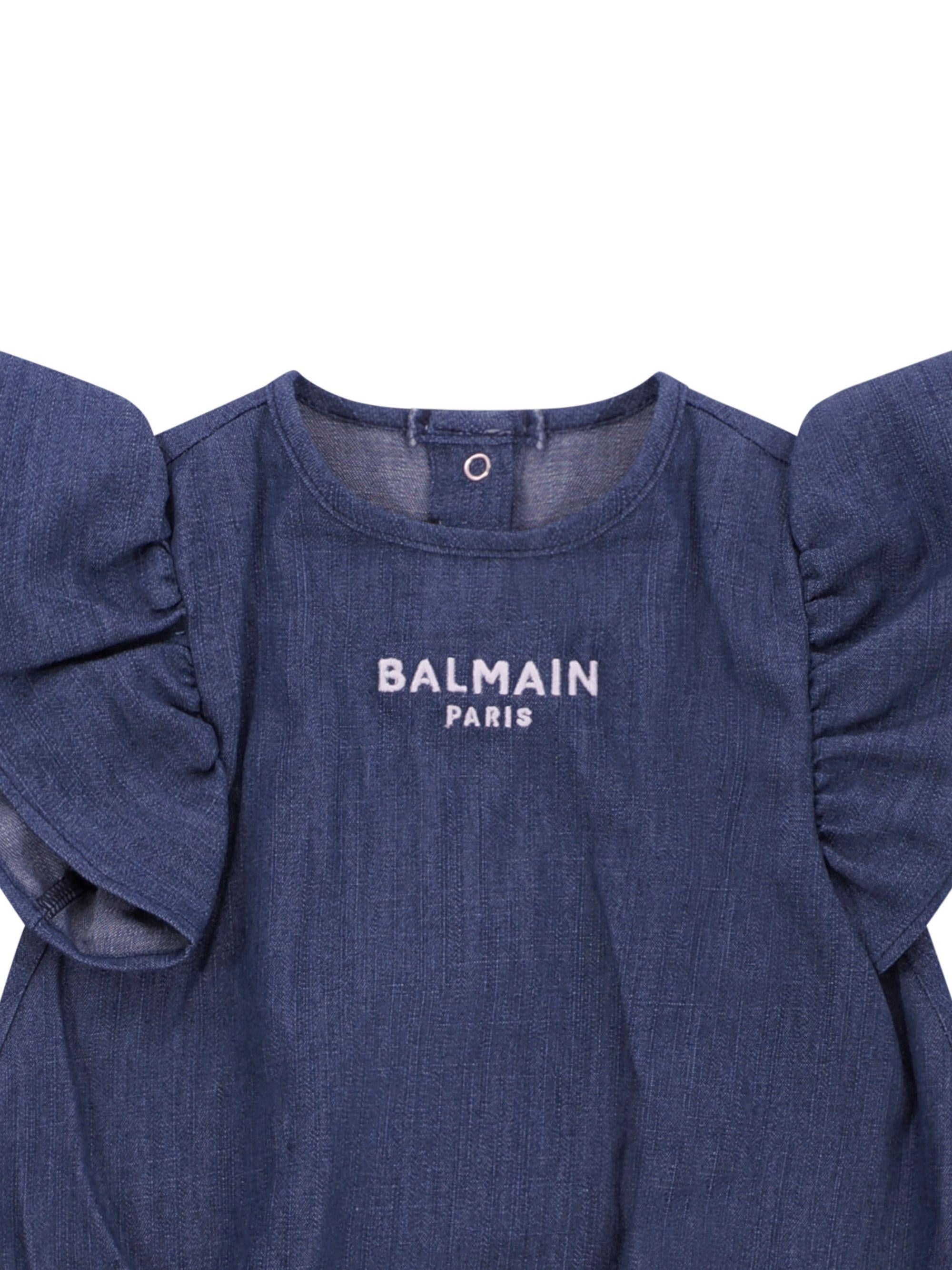 Tutina per neonata Balmain Kids denim con maniche a ruches BYA032 P0588 625 BALMAIN KIDS 