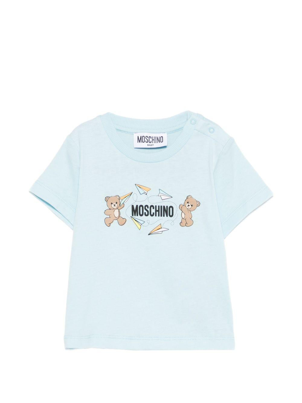 T-shirt per neonati Moschino Kids azzurra con stampa Teddy sul davanti MUM04MLAA01 40304 MOSCHINO KIDS 