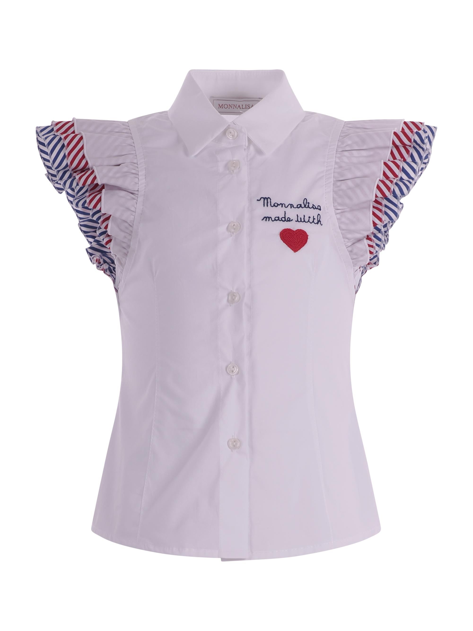 Camicia per bambina Monnalisa bianca con maniche a righe con ruches 11G300 7116 0099 MONNALISA 