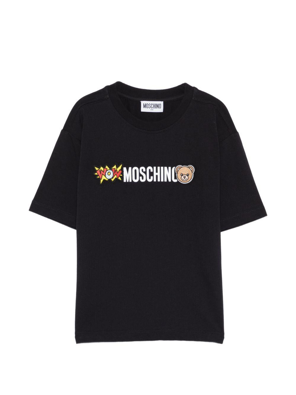 T-shirt per bambini Moschino Kids nera con logo sul davanti HUM05QLAA24 60100 MOSCHINO KIDS 