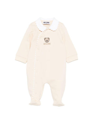Moschino Kids beige baby romper with Teddy Bear embroidery