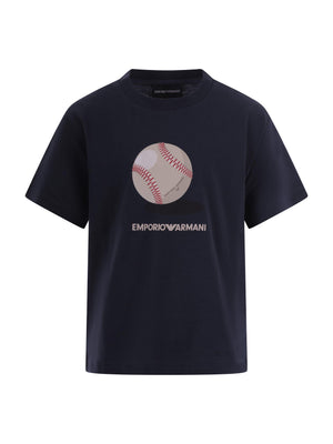 T-shirt per bambino Emporio Armani Kids blu con stampa pallina da baseball