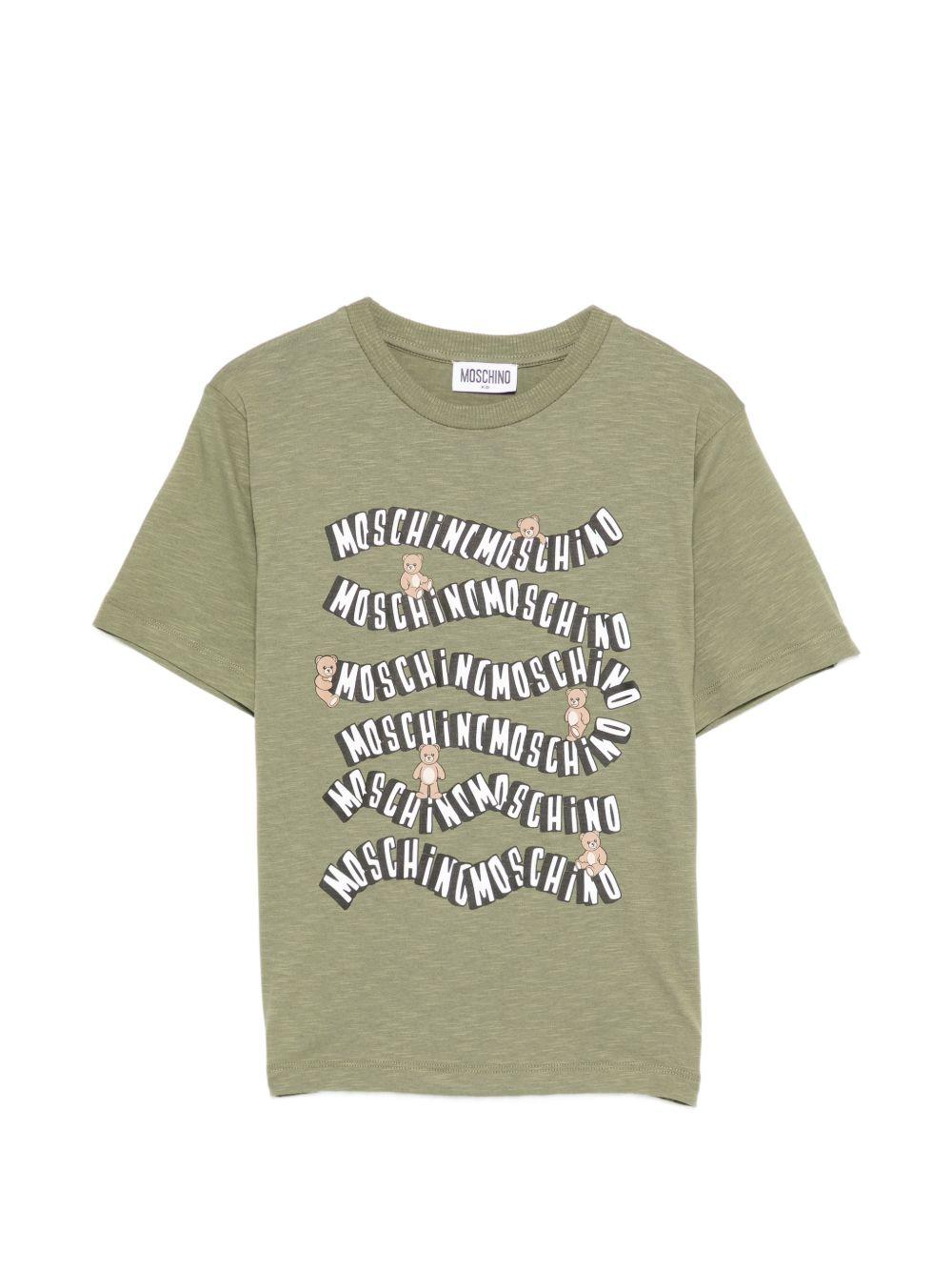 T-shirt per bambini Moschino Kids verde con stampa logo ondulata HXM05GLAA52 30037 MOSCHINO KIDS 