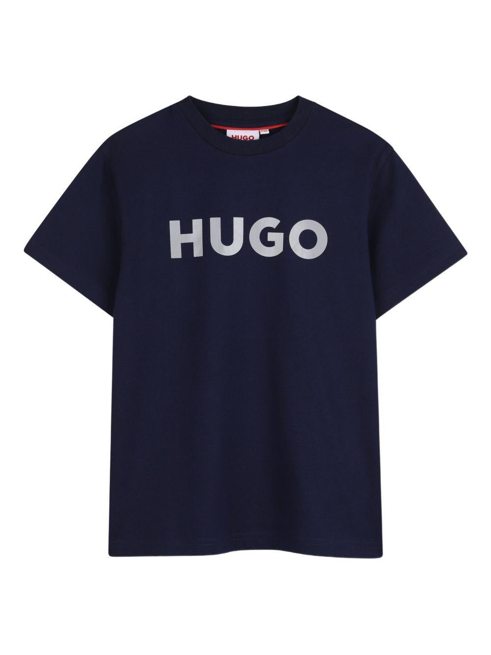 T-shirt per bambino Hugo Kids blu con logo sul davanti G01016 85C Hugo 