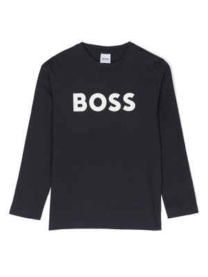 T-shirt per bambino Boss Kids blu con stampa logo sul davanti