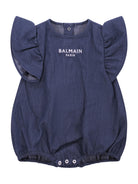 Tutina per neonata Balmain Kids denim con maniche a ruches BYA032 P0588 625 BALMAIN KIDS 