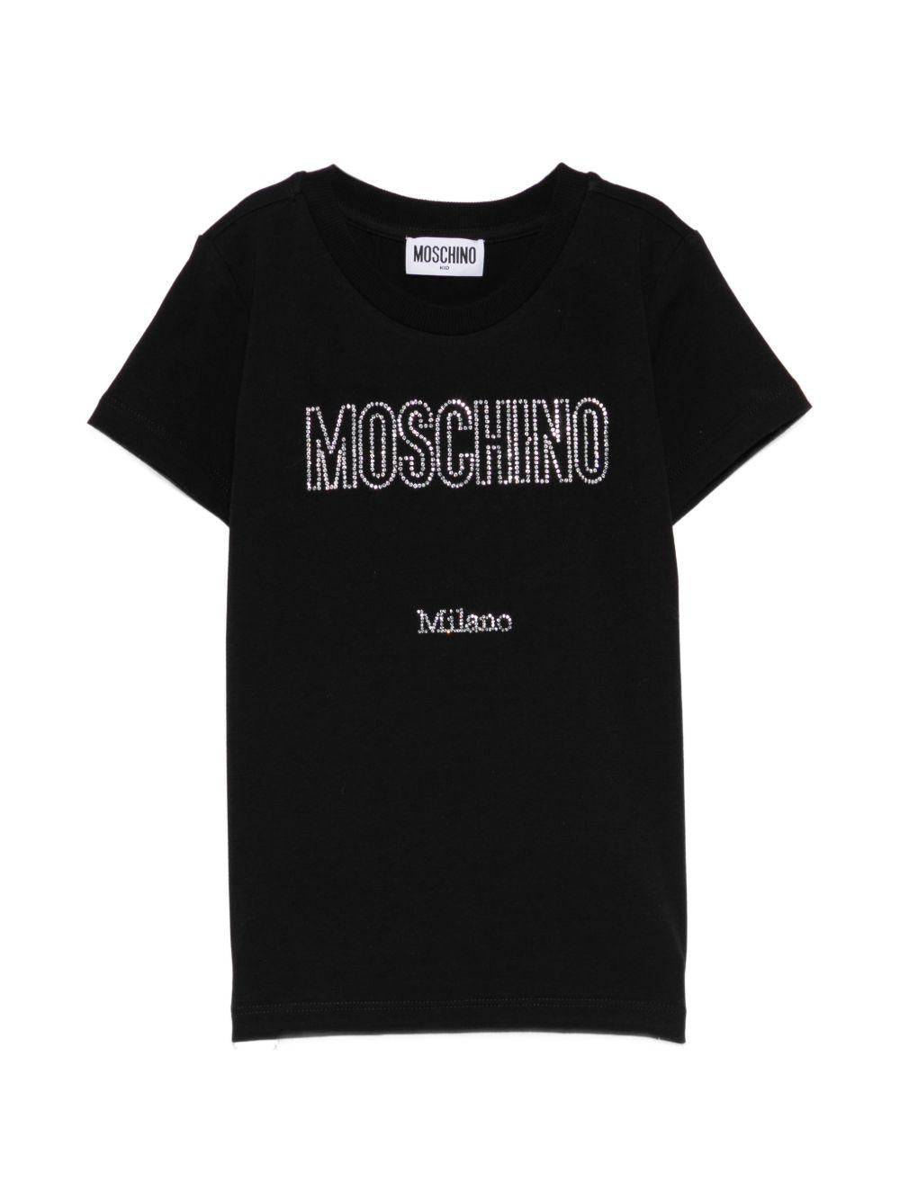 T-shirt per bambina Moschino Kids nera con logo in strass HHM06KLBA10 60100 MOSCHINO KIDS 