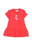 Abito per neonata Moschino Kids rosso con stampa Teddy Bear con cuore MDV0DJLAA02 50109 MOSCHINO KIDS 