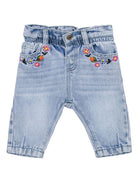 Jeans con ricamo a fiori per neonarto Moschino Kids azzurro con passanti - Rubino Kids