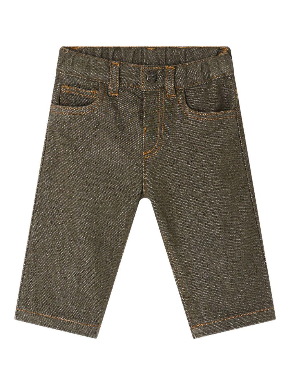 Jeans per neonato Bonpoint Jeliott verde con cuciture arancioni - Rubino Kids