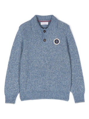 Maglione con applicazione per bambino Brunello Cucinelli Kids blu con rifinitura a coste