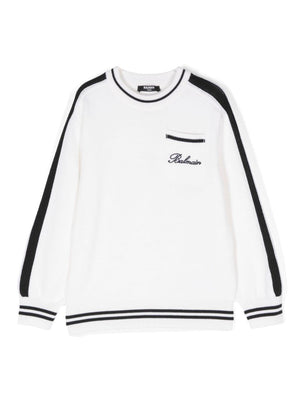 Maglione con logo ricamato per bambino Balmain Kids bianco con bordo a righe