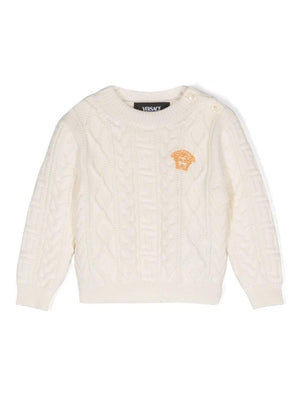 Versace Kids white Medusa embroidered sweater for newborns with woven knit