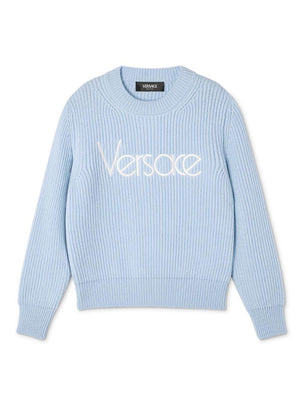 Maglione con ricamo per bambina Versace Kids azzurro con orlo dritto
