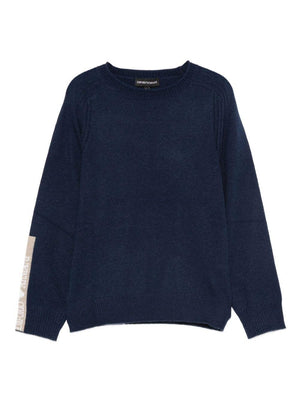 Emporio Armani Kids navy blue crew neck sweater with logo for boys