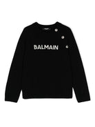 Maglione lavorato a maglia con logo jacquard per bambina Balmain Kids nero con girocollo - Rubino Kids