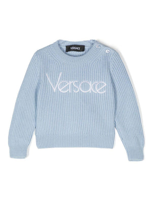 Maglione lavorato a maglia con logo ricamato per neonato Versace Kids azzurro con maniche lunghe