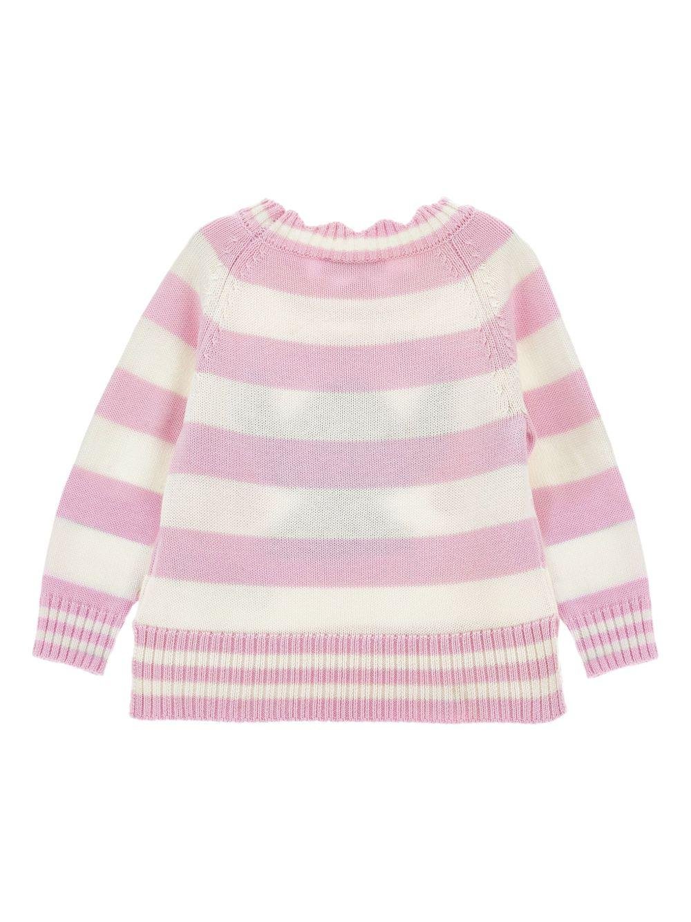 Maglione per bambina Disney x Monnalisa rosa a righe con ruches e ricamo Stitch - Rubino Kids