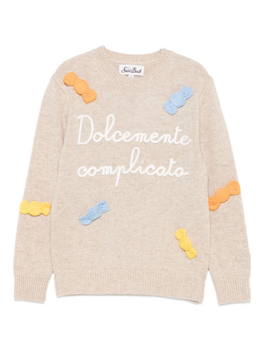Maglione per bambina MC2 Saint Barth Kids beige con scritta ricamata sul davanti "Dolcemente complicata" - Rubino Kids