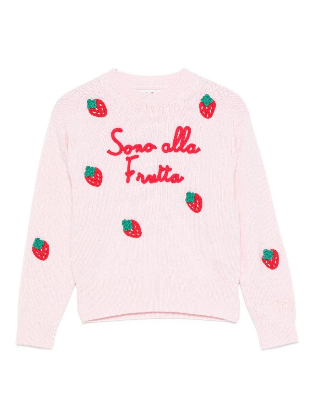 Maglione per bambina MC2 Saint Barth Kids rosa con scritta ricamata "Sono alla Frutta" - Rubino Kids