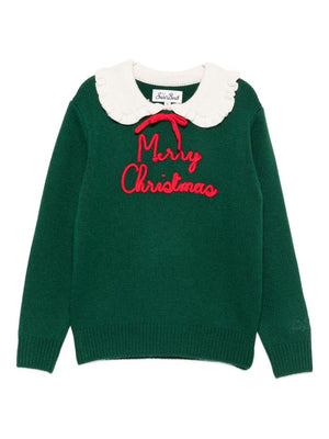 Maglione per bambina MC2 Saint Barth Kids verde con scritta ricamata sul davanti 