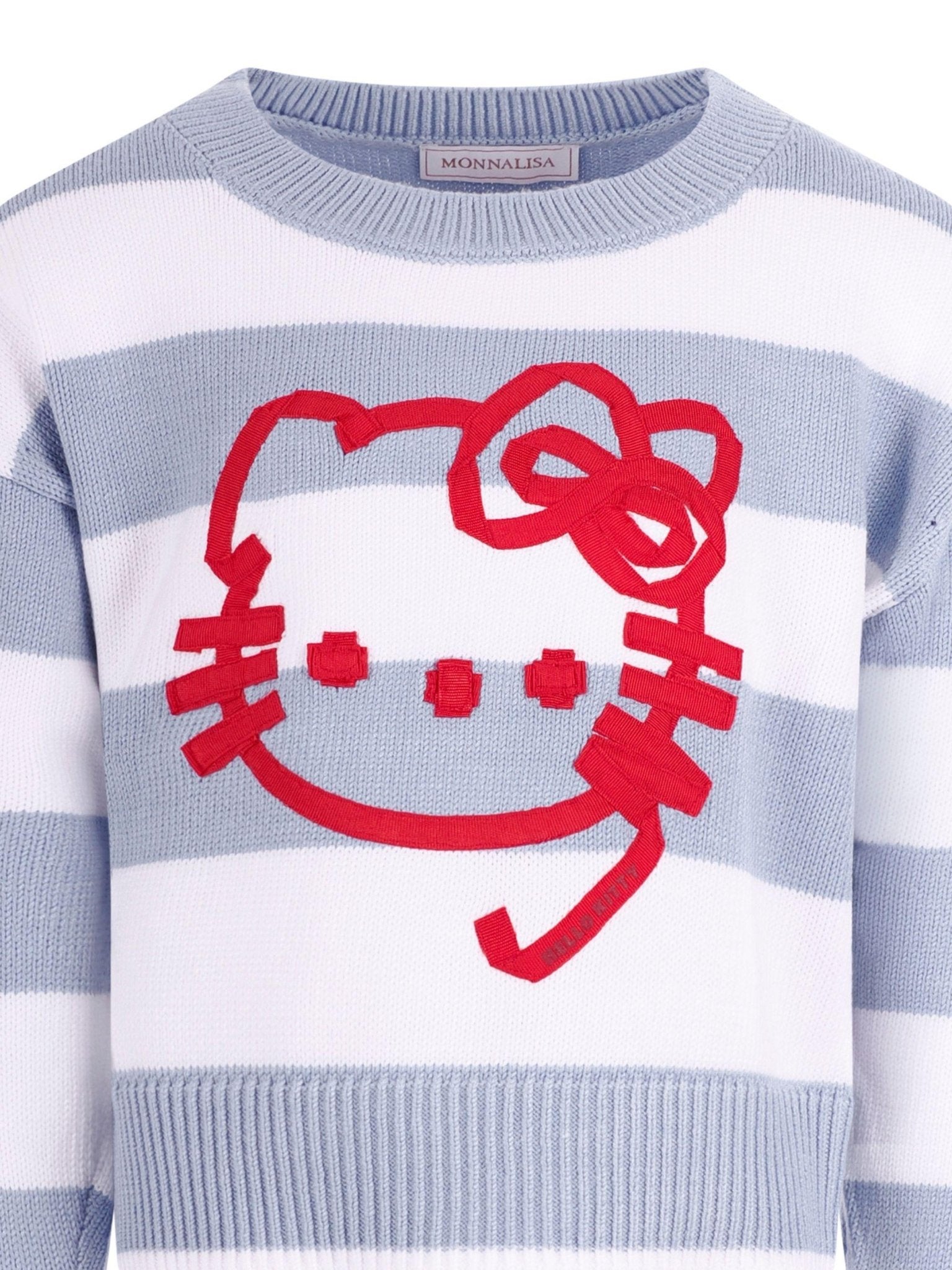 Maglione per bambina Monnalisa azzurro a righe con stampa grafica sul davanti - Rubino Kids