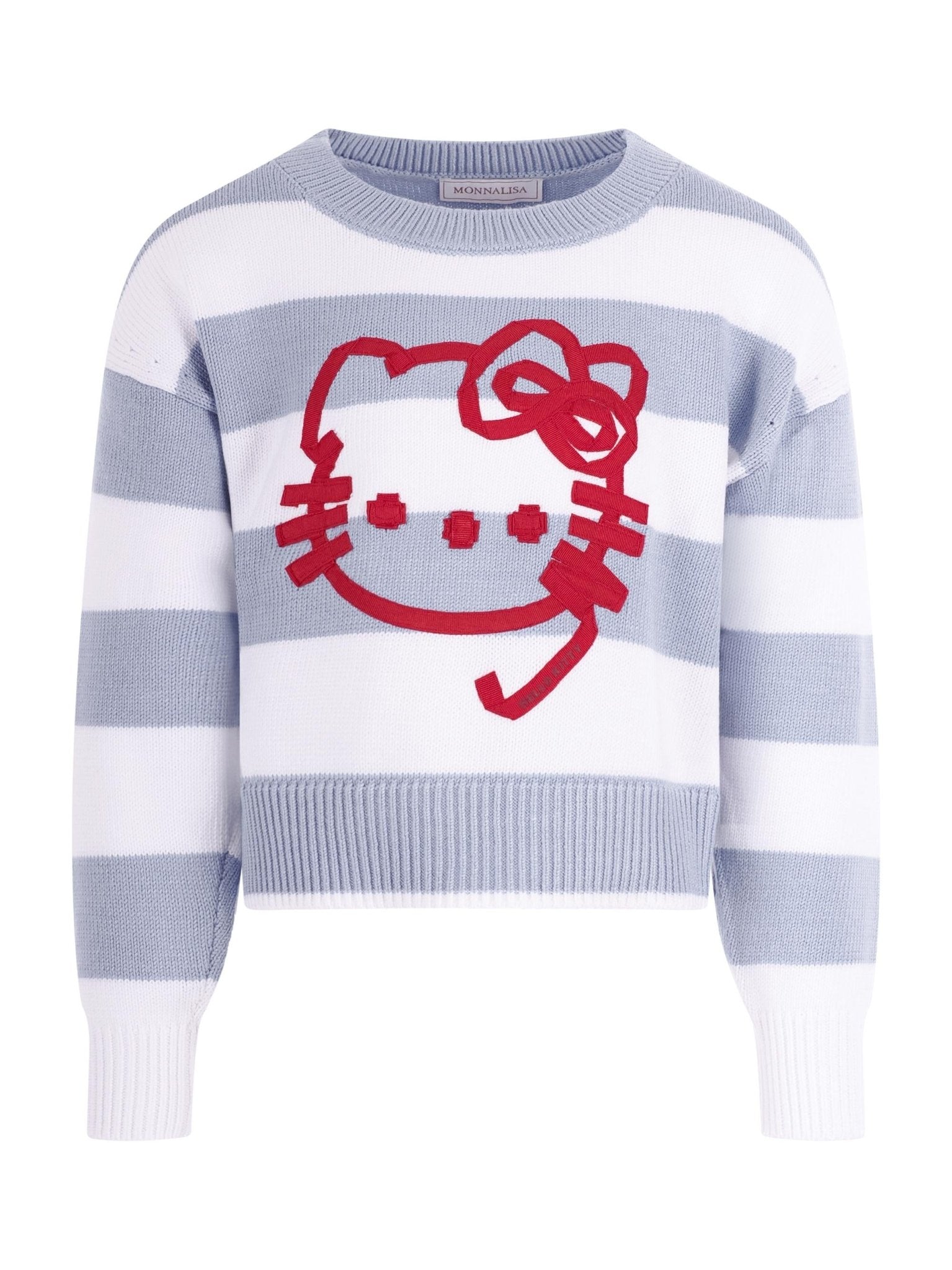 Maglione per bambina Monnalisa azzurro a righe con stampa grafica sul davanti - Rubino Kids