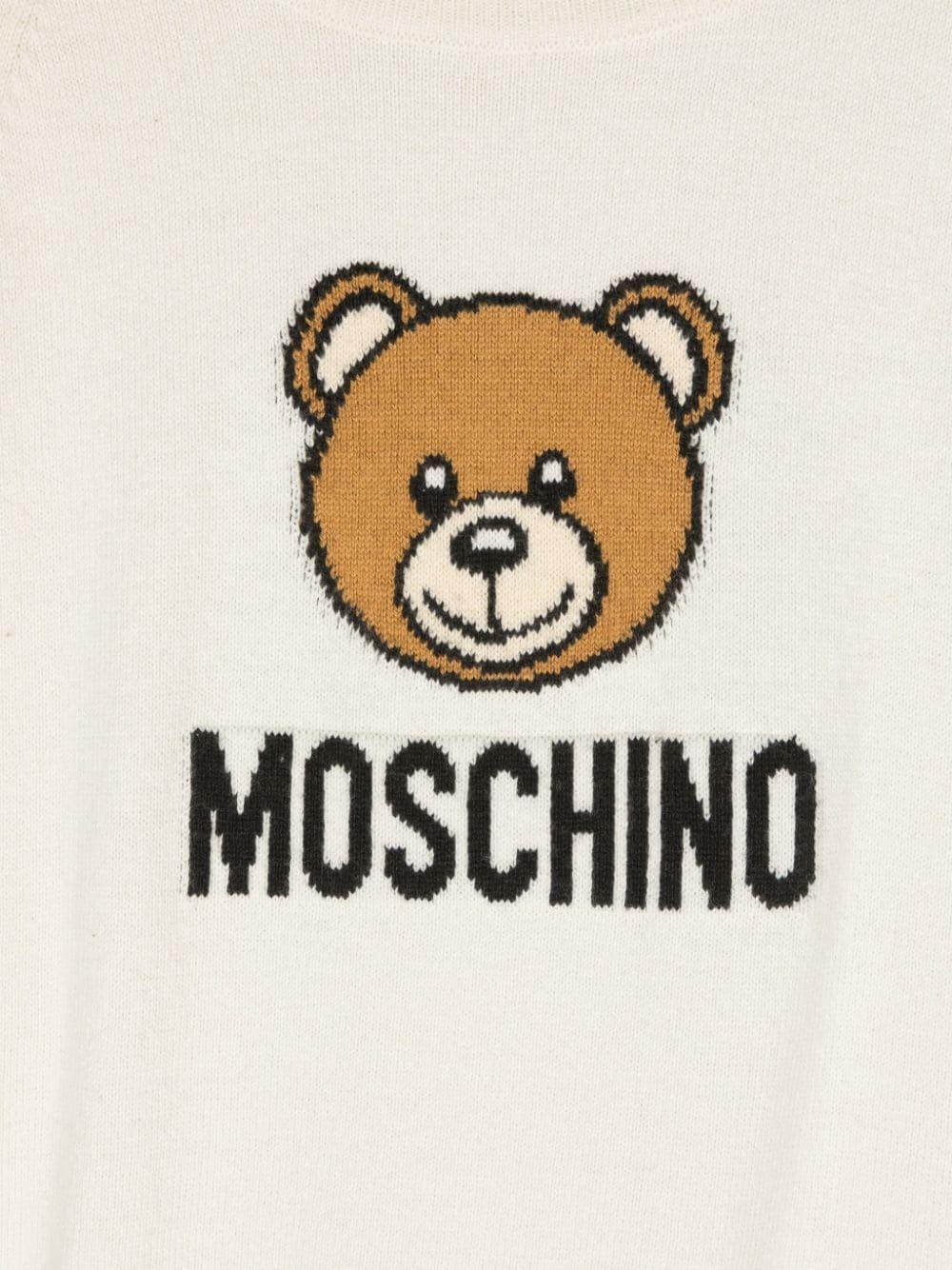 Maglione per bambina Moschino Kids bianco con logo intarsiato e ricamo Teddy Bear - Rubino Kids