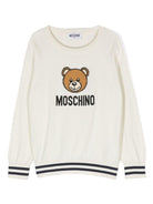 Maglione per bambina Moschino Kids bianco con logo intarsiato e ricamo Teddy Bear - Rubino Kids