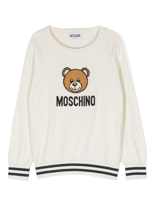 Maglione per bambina Moschino Kids bianco con logo intarsiato e ricamo Teddy Bear