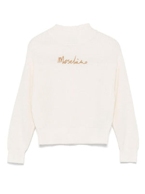 Moschino Kids white sweater for girls with gold logo embroidery