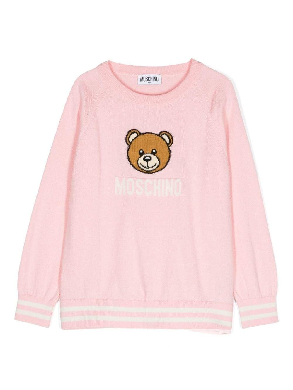Maglione per bambina Moschino Kids rosa con logo intarsiato e ricamo Teddy Bear - Rubino Kids